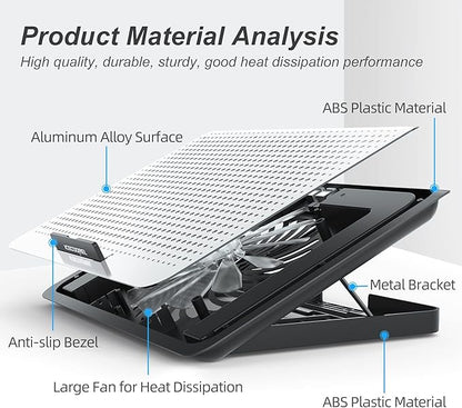 ICE COOREL Aluminum Laptop Cooling Pad, Laptop Cooler Stand with 7 Height Adjustable, Laptop Fan Cooling Pad for Laptop 12-15.6 Inch, Notebook Cooler Pad with Two USB Port (Silver)