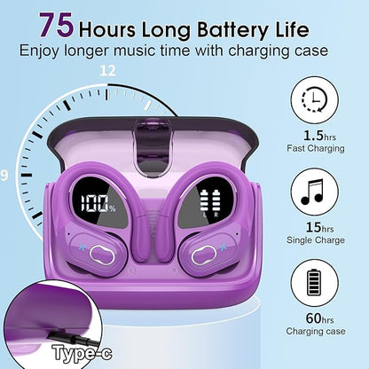 Wireless Earbuds 75H Bluetooth 5.4 Sport Headphones with Earhooks, Purple