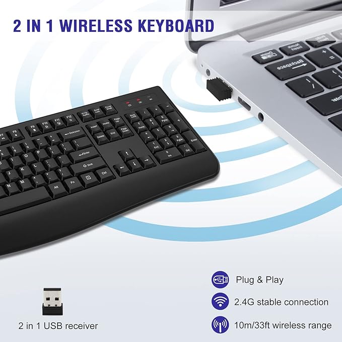 Wireless Keyboard, 2.4G Full-Sized Ergonomic Wireless Computer Keyboard with Wrist Rest for Windows, Mac OS Laptop/PC/Desktop/Notebook(Black)