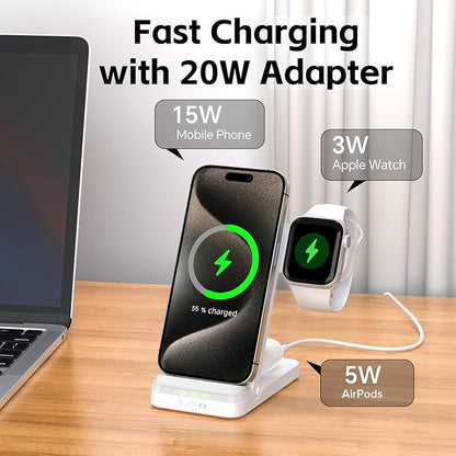 Wireless Charger, Tribone 3 in 1 Foldable Fast Charger for iPhone 17 16 15 14 13 12 11 Pro Max XR XS 8 Plus, for Apple Watch 11 10 9 8 7 6 5 4 3 2 SE Ultra,for AirPods Pro 4 3 2 (White)