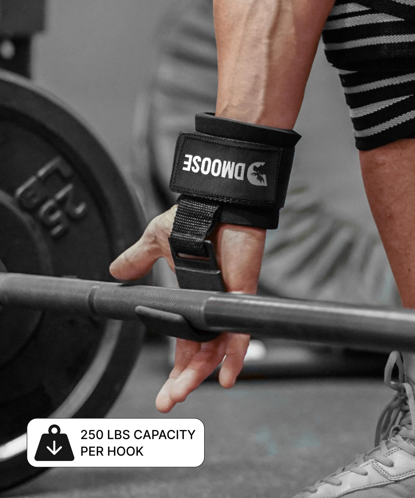 DMoose Fitness Weight Lifting Hooks (Pair) for Deadlifts, Pull Ups, Rows & Shrugs - Anti-Rip Nylon Strap Hand Grips with Thick Wrist Padding - Heavy Duty Wrist Straps for Weightlifting (Grey)