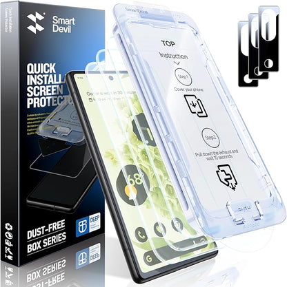 SMARTDEVIL [3+3 Pack for Google Pixel 6 Screen Protector with Camera Lens Protector, Finger Print Reader Compatible, Fast & Easy Installation, Clear 9H Tempered Glass Film, Alignment Frame