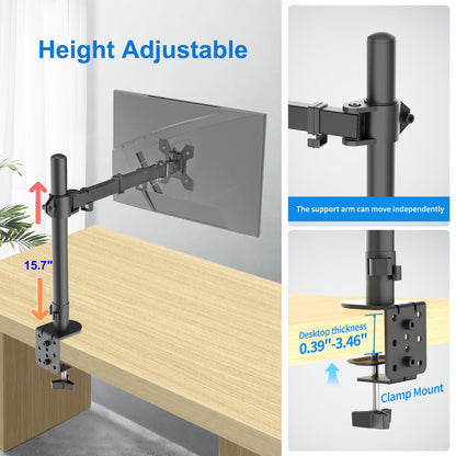 H&C(hcck&Cllassp) Single Monitor Mount, Desk Mount with Swivel, Tilt, Rotation, Height Adjustable, VESA Mount for 17-27” Monitors up to 17.6 lbs, Monitor Stand with C-Clamp, Black