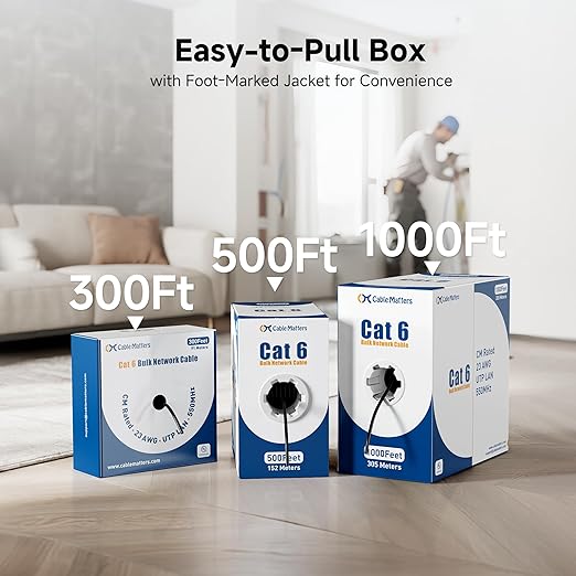 Cable Matters [UL Listed] 10Gbps in-Wall Riser Rated (CMR) 23AWG Bare Copper Cat6 Ethernet Cable - 300ft, Cat 6 Ethernet Cable Spool, Cat 6 Cord Bulk, Black