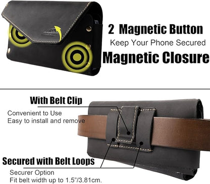 Topstache Leather Phone Holster with Belt Clip for Galaxy S23,S22,iPhone 14,14 Pro,Belt Phone Case for Universal Smartphone with Otterbox Case,Flip Cellphone Pouch,L,Black