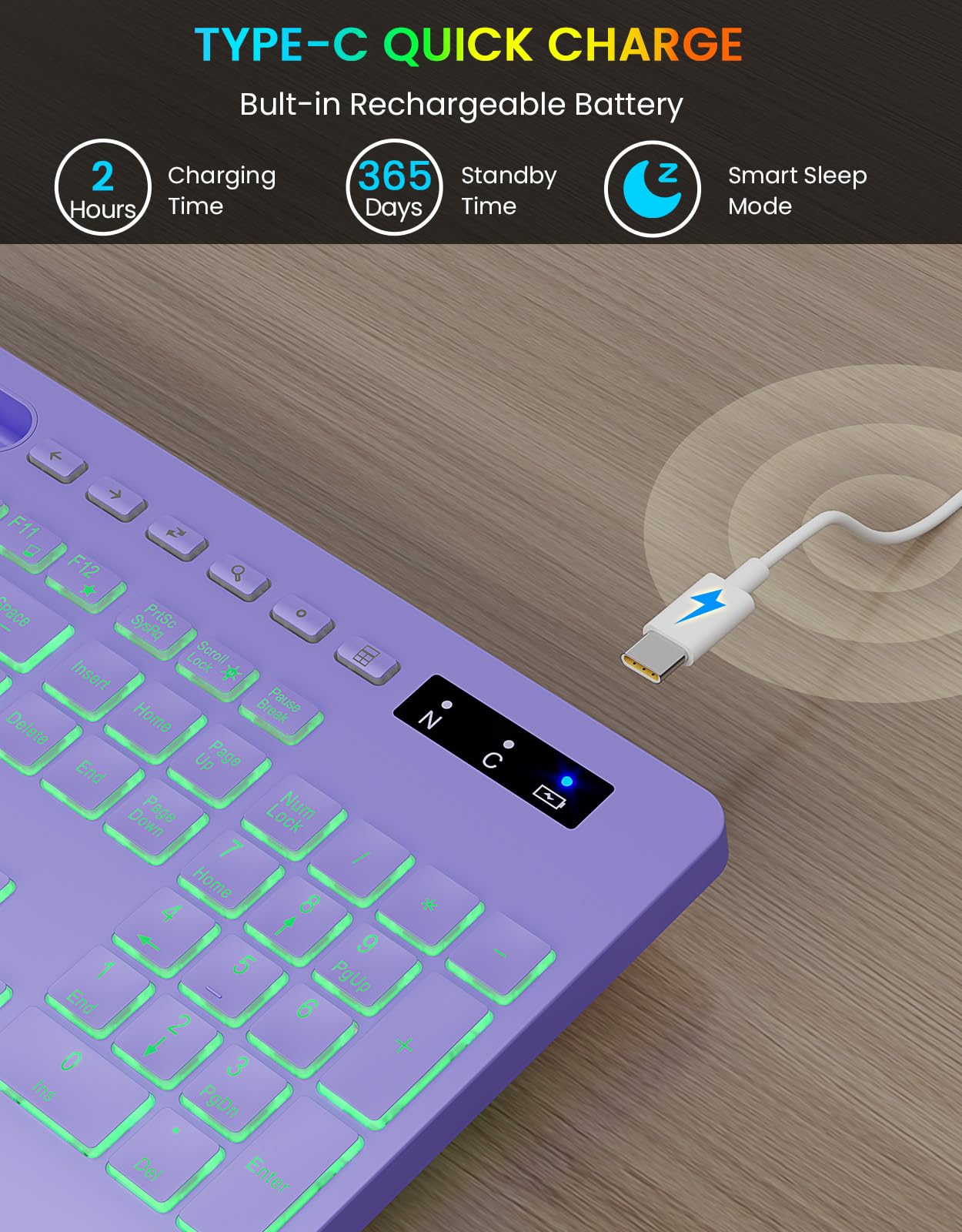 Wireless Keyboard, 7 Colored Backlits, Wrist Rest, Phone Holder-Purple