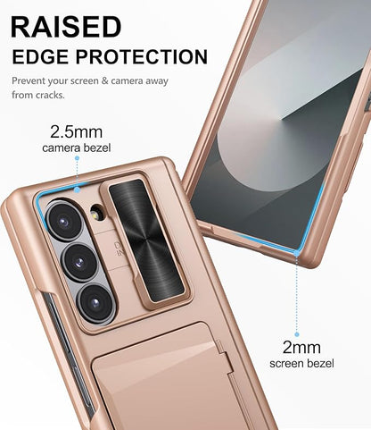 for Samsung Galaxy Z Fold 6 Case with Card Holder & Hinge Protection & Screen Protector, Built-in Camera Lens Cover, Rugged Shockproof Phone Cover Case for Samsung Z Fold 6 5G 2024, Rose Gold