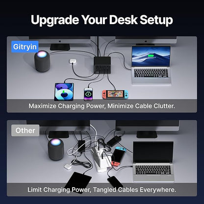 Gitryin 12-in-1 Desktop Charging Station with 3 Retractable Type-C Chargers and 1 Lightning Charger, 40W USB-C Power Strip with Flat Plug, Extension Cord with 1020J Surge Protection for Home Office