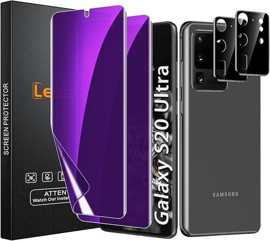[2+2 Pack] Lesakit Anti-Blue Light Privacy Screen Protector for Samsung Galaxy S20 Ultra 6.9 inch with 2 Pack Camera Lens Protector, [Support Fingerprint ID] Anti Spy TPU Flexible Screen Protector-