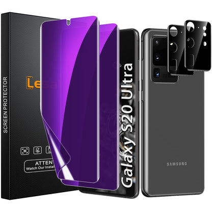 [2+2 Pack] Lesakit Anti-Blue Light Privacy Screen Protector for Samsung Galaxy S20 Ultra 6.9 inch with 2 Pack Camera Lens Protector, [Support Fingerprint ID] Anti Spy TPU Flexible Screen Protector-
