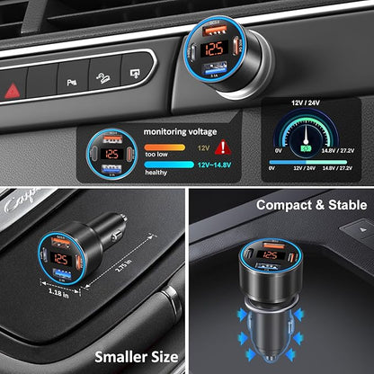 USB C Car Charger, 4-Port 65W Dual 12V USB-A & USB-C Car Phone Charger with Voltmeter PD/QC 3.0 Fast Charging Cigarette Lighter Adapter for iPhone 16e 15 14 13 12 11 Pro Max,Samsung, Android(Black)