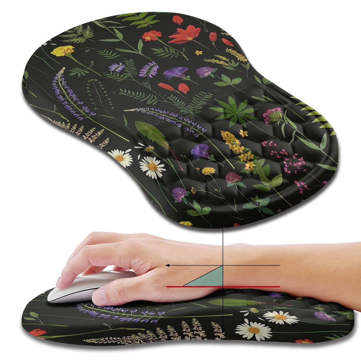 Hokafenle Ergonomic Mouse Pad Wrist Support, Wrist Rest Mousepad for Carpal Tunnel Pain Relief with Integrated Memory Foam Slope Massage Bulge (11.8x7.9 inch,Cute Floral