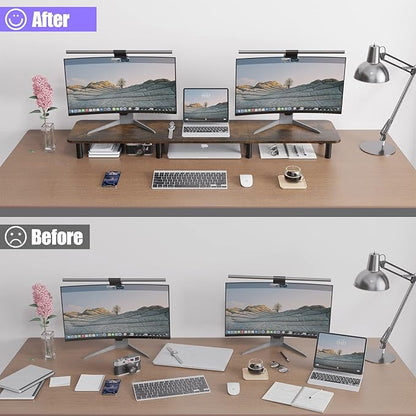 Dual Monitor Stand - 43.7 inch Extra Long Wide TV Stand - Wood & Steel Leg Desktop Riser - Desk Organization - Home Office (Vintage)