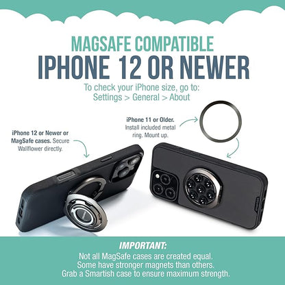 Smartish® MagSafe Suction Mount - WallFlower - 3 in 1 Reversible Magnetic Phone Grip Finger Loop, Suction Mount, Kickstand w/Universal MagSafe Adapter Kit for Apple iPhone - Black Tie Affair