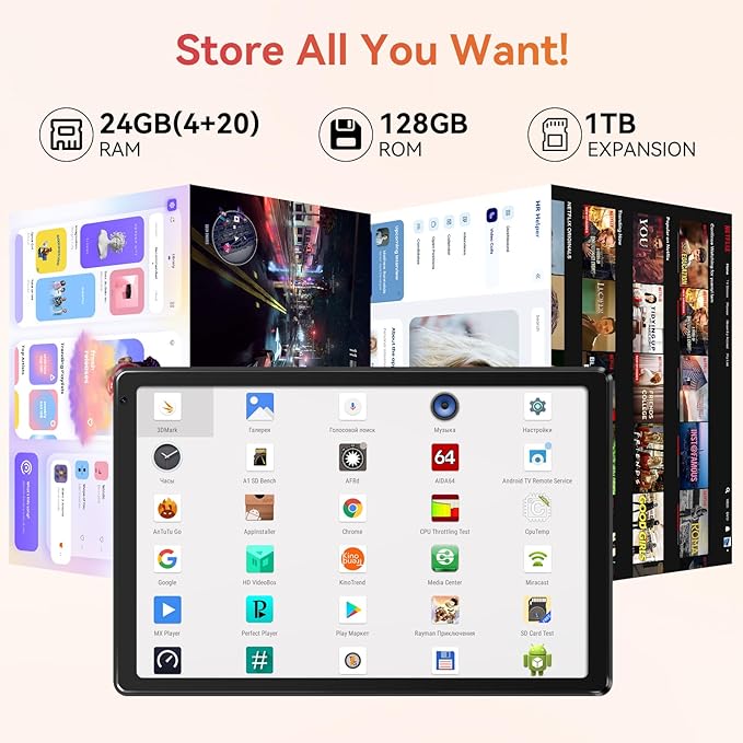 Tablet,10.1" Android 15 Tablet with Octa-core Processor 24GB RAM 128GB ROM HD IPS Touchscreen 8H Battery, Wi-Fi 6, BT 5.0, Dual Camera, Android 15 Tablets with Keyboard Mouse Stylus Case Headphone