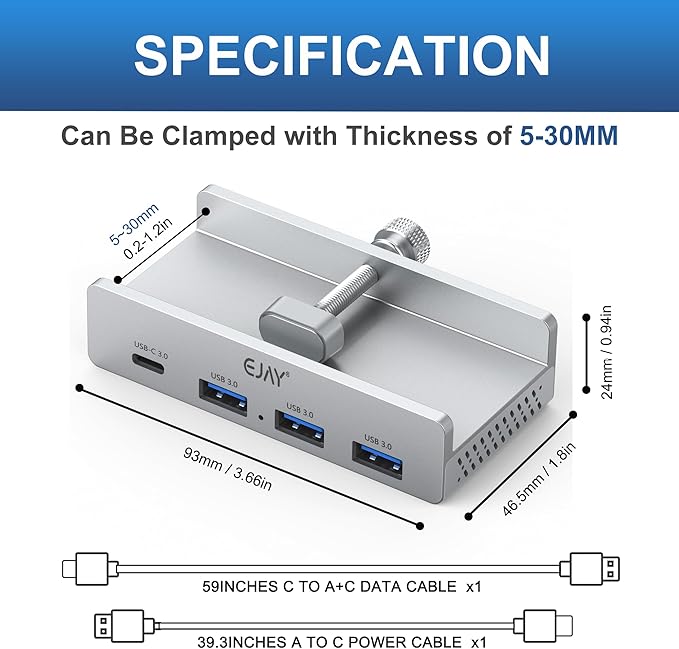 EJAY Mountable 4Ports USB3.0 HUB Alu Desktop Clamp Type C USB3.0 Splitter for Desk/Monitors with Extra Power Supply Port,59inches Data & 39inches Power Cables-5Gbps (JK-3A1C-SV)