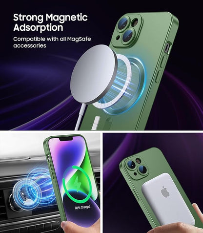 Magnetic for iPhone 14 Plus Case [Compatible with MagSafe][Built-in Camera Lens Protector] Slim Soft Silicone Bumper Shockproof Metallic Luster Phone Case (Green)