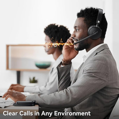 Wireless Headset with Mic for Work-Bluetooth 5.3 Headset with Noise Cancelling, Wireless Headsets with 65Hrs Battery & 10Min Fast Charge, Smart Dock with Digital Display for PC/Computer/Teams