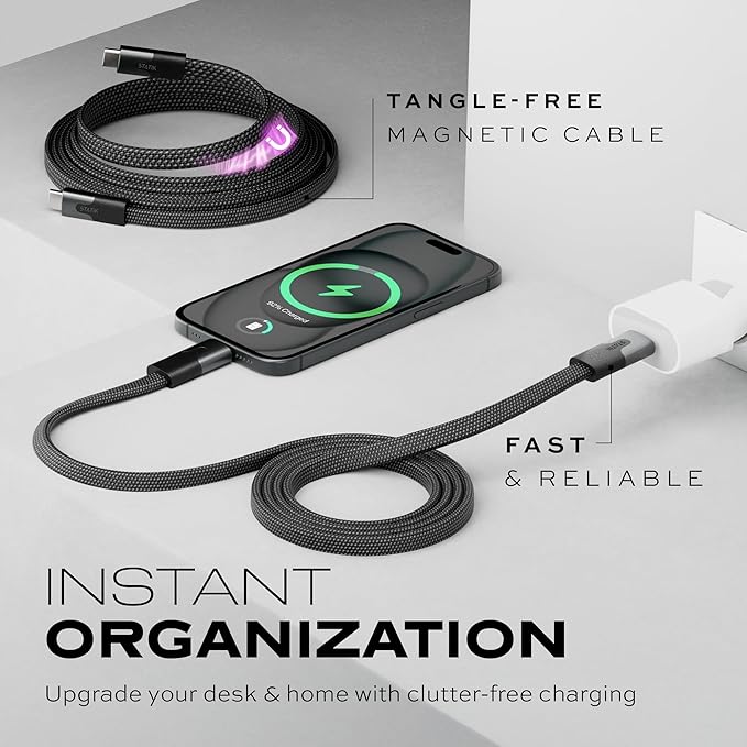 Statik MagStack USB C to USB C Cable, Magnetic Anti Tangle Flat Type C Charger Fast Charging Cord, Magnetic Charging Cable, Compatible with iPhone 16 Pro Max, 15, Galaxy S24 Ultra, 100W 3FT/1M