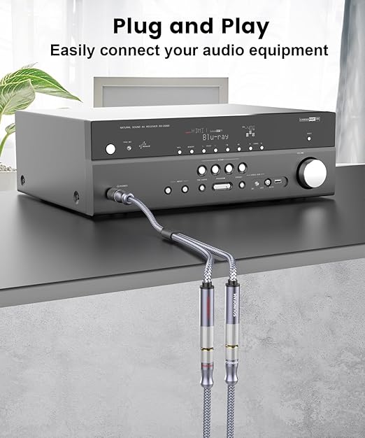 Microphone Splitter 2 Feet/60CM TRS 1/4 inch Splitter 1 Male to 2 Female, 6.35mm Stereo Male Plug to Dual 6.35mm Female-Grey(2PACK)