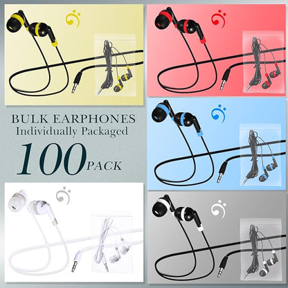 Kanayu 100 Pack Wired Earbuds Bulk for Classroom Ear Headphones Wired Basic Student Earbuds No Microphone with 3.5mm Jack for Kids Class Laptop School Library, Individually Bagged(Multicolor)