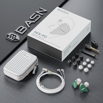 BASN Mix-PD in Ear Monitor,1Planar Driver + 1Dynamic Driver HiFi IEM Earphones with CNC Crafted Metal Cover, Wired 0.78mm 2-Pin Silver Plated Detachable Cable for Musicians (Green)