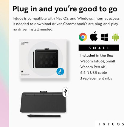 Wacom Intuos Small Graphics Drawing Tablet, includes Training & Software; 4 Customizable ExpressKeys Compatible With Chromebook Mac Android & Windows, photo/video editing, design & education,Black