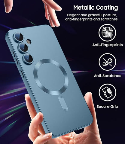 Magnetic for Samsung Galaxy S25 Plus Case [Compatible with MagSafe][Built-in Camera Lens Protector] Slim Soft Silicone Bumper Shockproof Metallic Luster Phone Shell (Green)