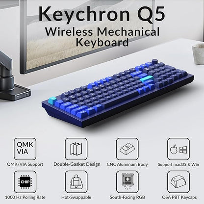 Keychron Q5 Wired Custom Mechanical Keyboard Knob Version, 96% Layout QMK/VIA Programmable Macro with Hot-swappable Gateron G Pro Blue Switch Double Gasket Compatible with Mac Windows Linux (Blue)