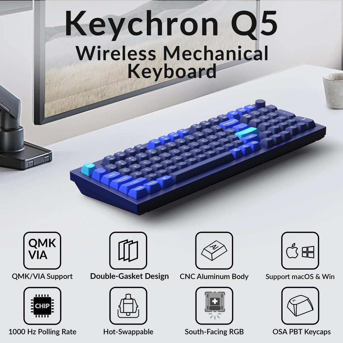 Keychron Q5 Wired Custom Mechanical Keyboard Knob Version, 96% Layout QMK/VIA Programmable Macro with Hot-swappable Gateron G Pro Red Switch Double Gasket Compatible with Mac Windows Linux (Blue)