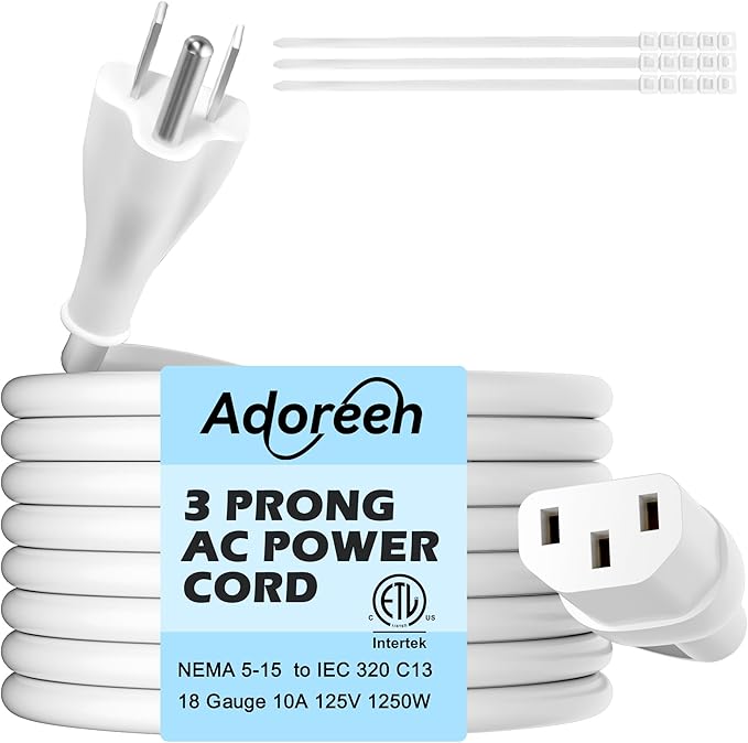 Adoreen 2 Ft Computer TV Replacement Power Cord White, 18AWG 3-Prong AC Universal Power Supply Cable NEMA 5-15P to IEC 320 C13 for Printer, PC, Monitor TV LCD, ETL+Ties