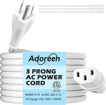 Adoreen 15 Ft Computer TV Replacement Power Cord White, 18AWG 3-Prong AC Universal Power Supply Cable NEMA 5-15P to IEC 320 C13 for Printer, PC, Monitor TV LCD, ETL+Ties