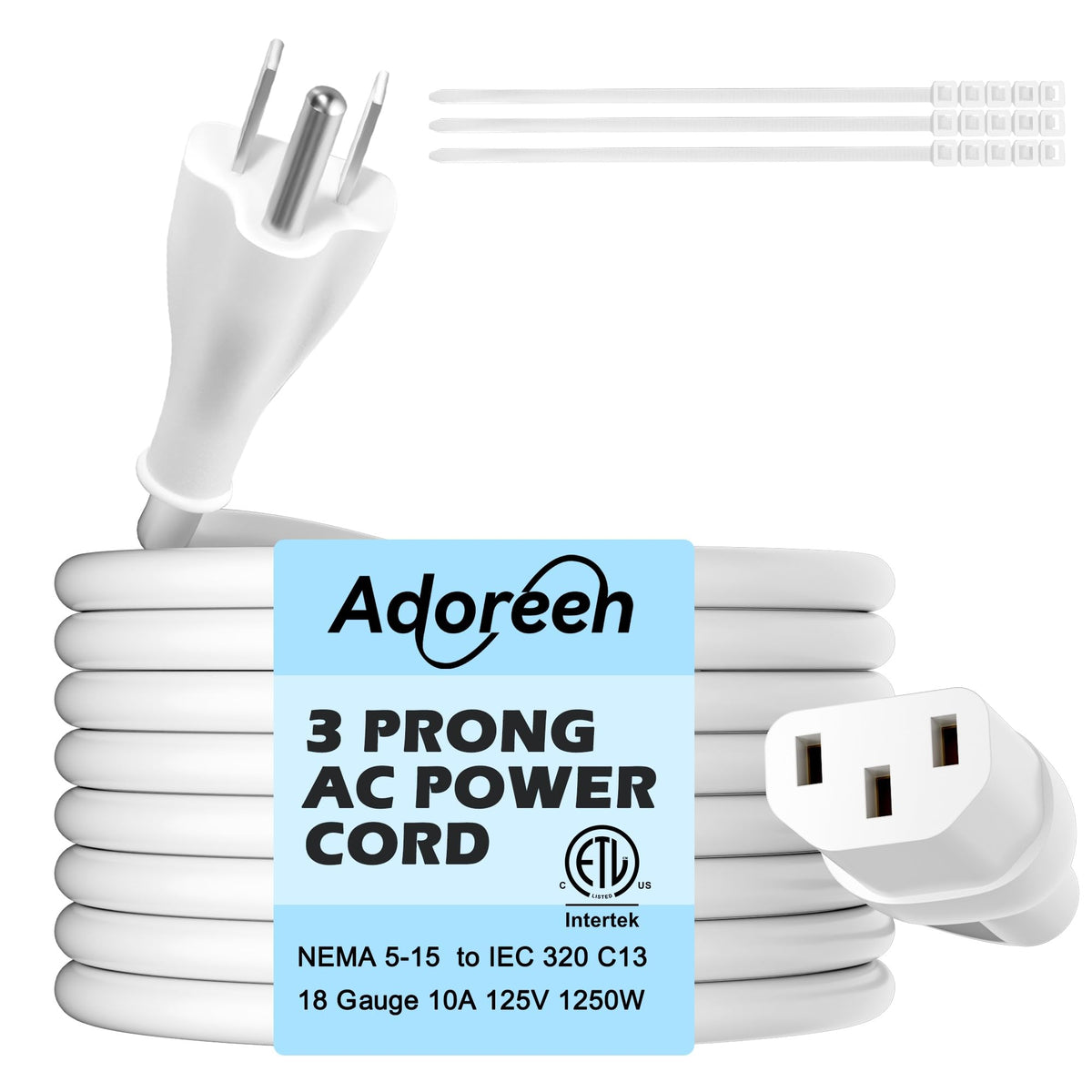 Adoreen 15 Ft Computer TV Replacement Power Cord White, 18AWG 3-Prong AC Universal Power Supply Cable NEMA 5-15P to IEC 320 C13 for Printer, PC, Monitor TV LCD, ETL+Ties