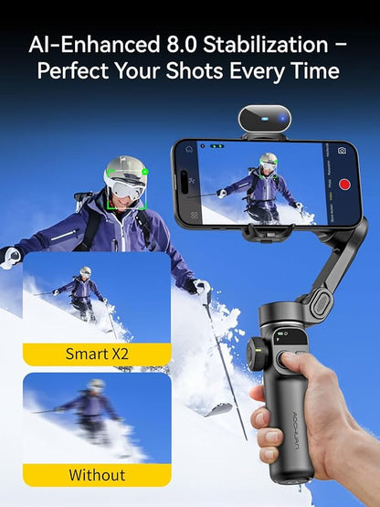 Gimbal Stabilizer for iPhone with AI Tracking Sensor, Elevate Your Filming w/7.8" Extension Rod and OLED Screen for Gimbal, iPhone Gimbal w/8.0 Stability for Sports Shooting-Smart X2 AI Black