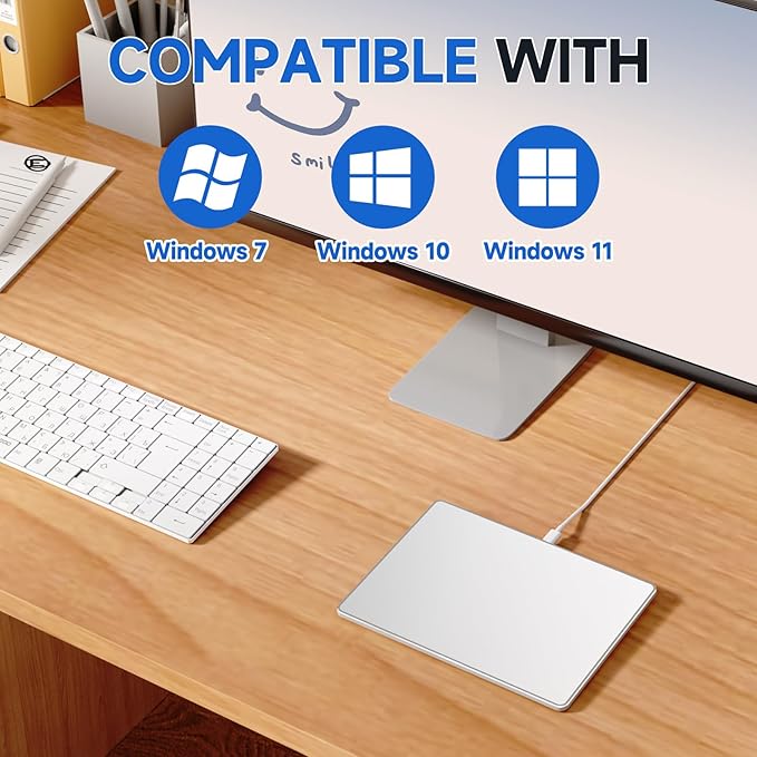 Wired Trackpad for Windows 10/11, High-Precision Multi-Touch Portable Trackpad Mouse with Multi-Gesture, Ultra Slim Aluminum USB Wired Touchpad Mouse, Compatible with PC Laptop Computer - Silver
