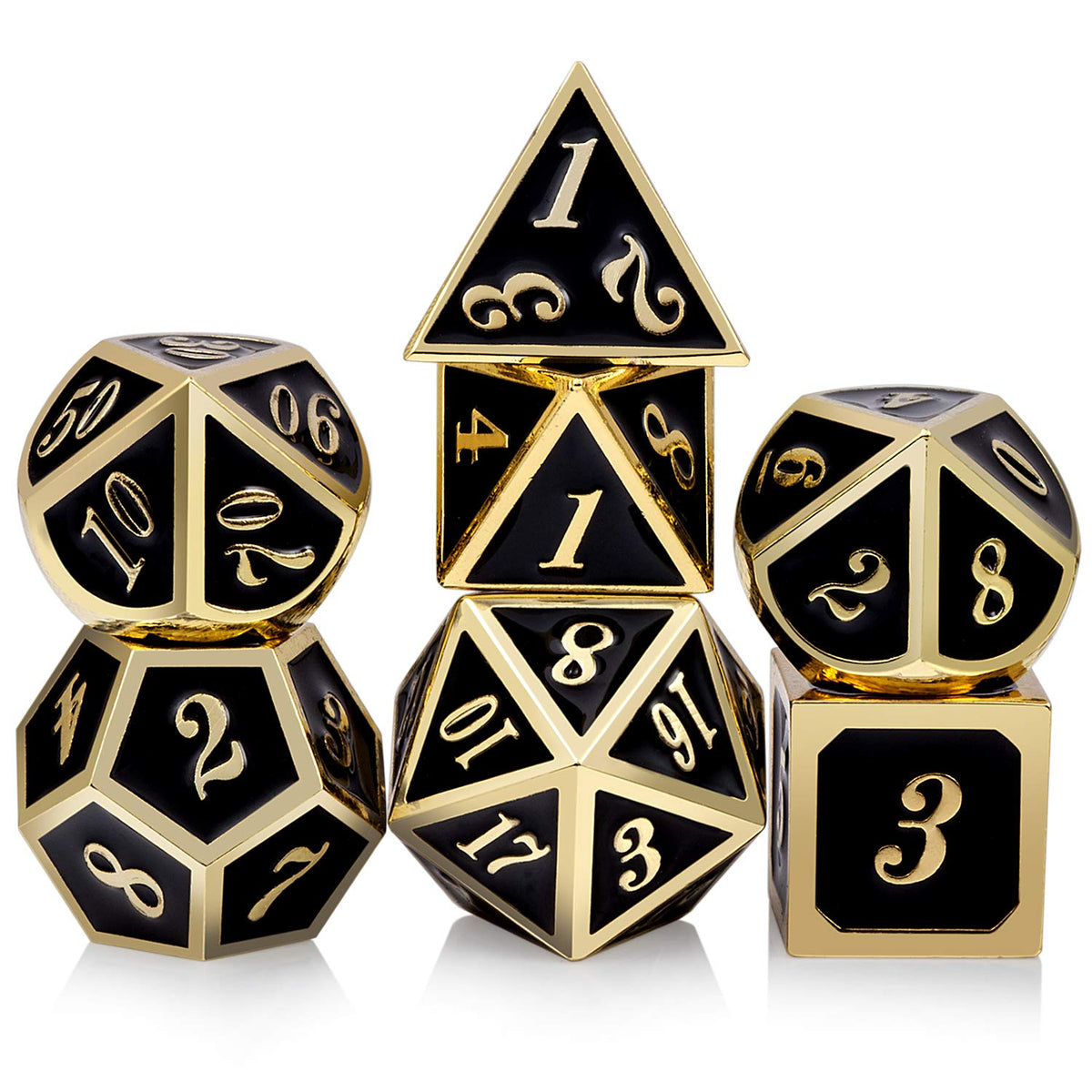 DNDND Metal Dice Set D&D, 7 die Metallic Polyhedral Dice Set with Gift Metal Box and Gold Number for DND Dungeons and Dragons Role Playing Games (Black and Gold)