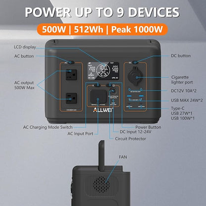 ALLWEI Portable Power Station 500W, 512Wh LiFePO4 Battery, UPS Function, 2.5Hrs Fast Charge, 2 AC Outlets(Surge 1000W), Solar Generator for Outdoor Camping RV CPAP Home Emergency