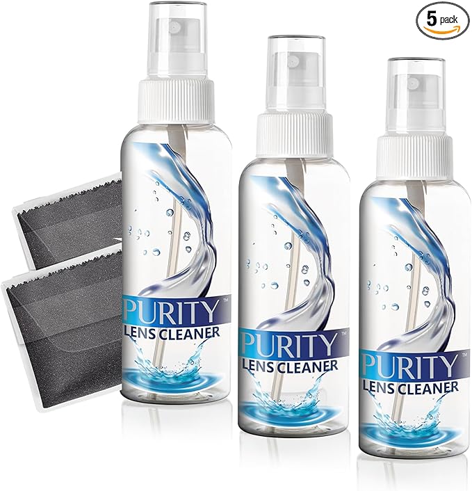 Purity Eyeglass Lens Cleaner Kit - 3 x 2oz Travel Size Lens Cleaner Spray Bottle + 2 Microfiber Cleaning Cloths - Safe for All Lenses (AR Coated Included), Eyeglasses and Screens - Clear