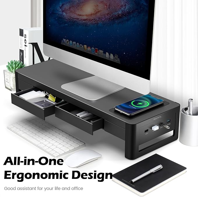 meatanty 3 In 1 Monitor Stand Riser with 2 Drawers,1 Wireless Charging Module and 4 USB Ports,Metal Computer Stand Support Transfer Data & Charging,Desk Organizer for PC,iMac (21 inches)