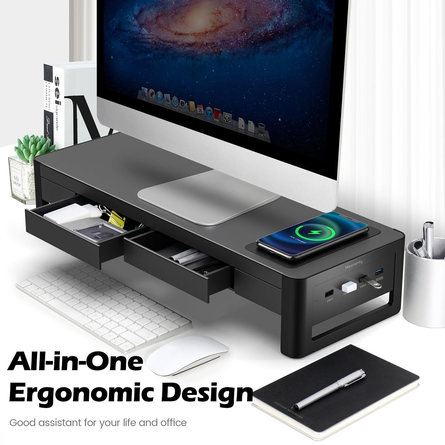 meatanty 3 In 1 Monitor Stand Riser with 2 Drawers,1 Wireless Charging Module and 4 USB Ports,Metal Computer Stand Support Transfer Data & Charging,Desk Organizer for PC,iMac (21 inches)