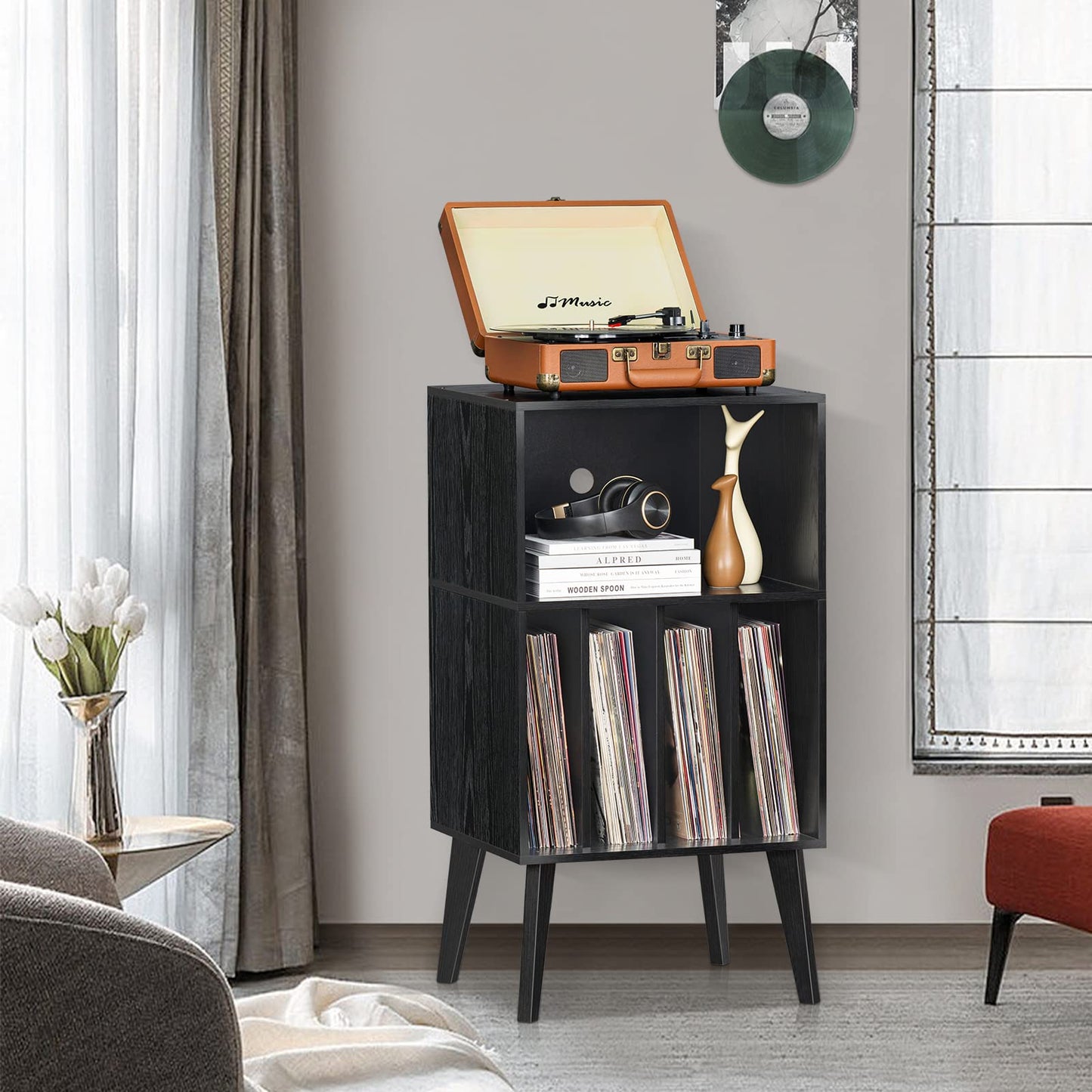 Lerliuo Record Player Stand, Black Turntable Stand Holds up to 160 Albums