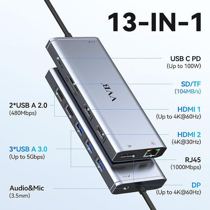 USB C Laptop Docking Station Dual Monitor HDMI for Dell/HP/Lenovo Laptop Type C Hub Multiport Adapter Dongle Dock,USB C to 2 HDMI+DisplayPort DP+Ethernet+100W USB C Power Charge Port+5USB+SD/TF+Audio
