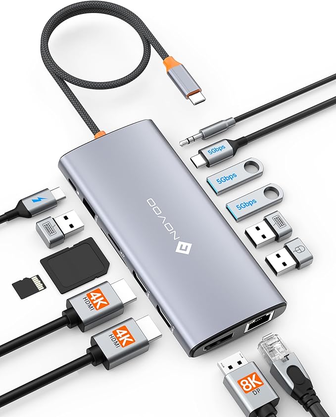 Dell/HP/Lenovo/Surface USB C Docking Station - Dual 4K60 HDMI+8K30 DP, 14 in 1 USB C Hub Adapter with 100W PD, RJ45, SD/TF, Audio, Multiport Dock for MacBook/Laptop