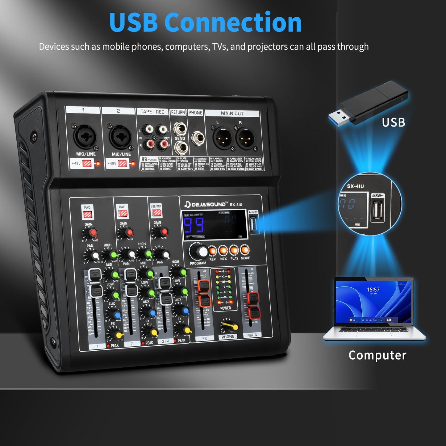 4-Channel Audio Mixer for PC, SX-4iu Mixing Console with XLR Inputs, Bluetooth, 99 Digital Signal Processor Effects, USB Interface, MP3 Compatible for Podcast, Music, Recording 9.84"x2.17"x9.84"inches