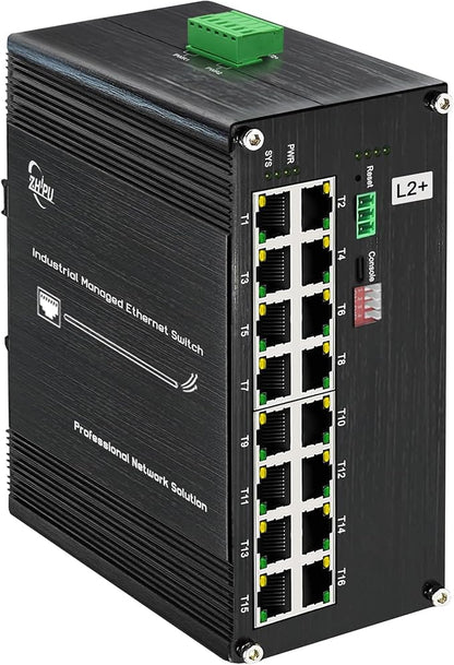 Industrial L2+ Managed 16 Port PoE Ethernet Switch, Gigabit Networking Switch with IPv4/IPv6 Management and DIP Switch, Supporting Din-Rail