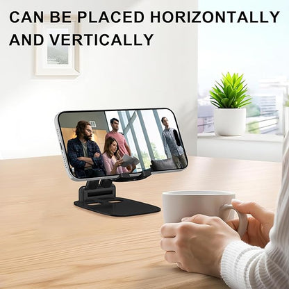 DEERLAMN Cell Phone Stand for Desk, Height Adjustable Cell Phone Holder Portable Desktop Stand, Travel Home Office Desk Accessories Compatible with iPhone 16/15/14/13/12/11 All Smartphone - Black