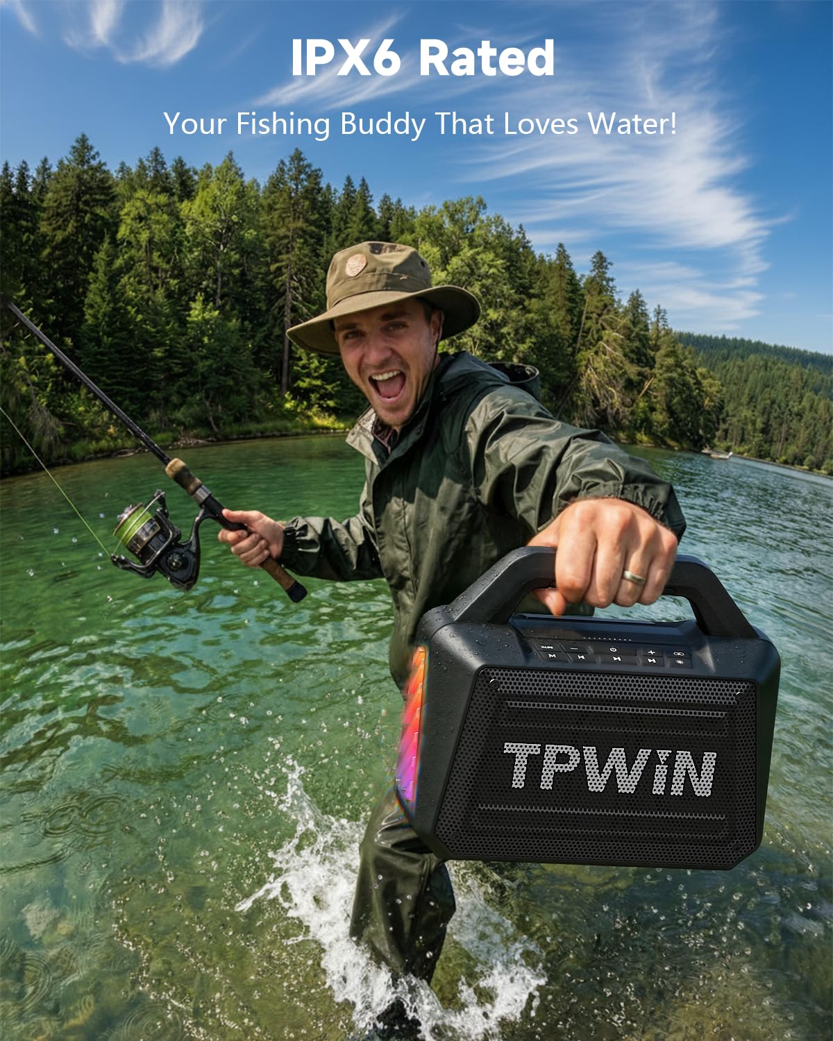TPWIN Bluetooth Speaker - 80W Loud Rugged Outdoor Speakers, IPX6 Waterproof, 20H Playtime, Deep Bass, Lightshow, TWS, BT 5.3 Wireless, Portable for Travel Hiking Camping Beach Pool - Black
