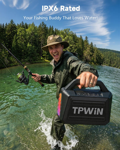 TPWIN Bluetooth Speaker - 80W Loud Rugged Outdoor Speakers, IPX6 Waterproof, 20H Playtime, Deep Bass, Lightshow, TWS, BT 5.3 Wireless, Portable for Travel Hiking Camping Beach Pool - Black