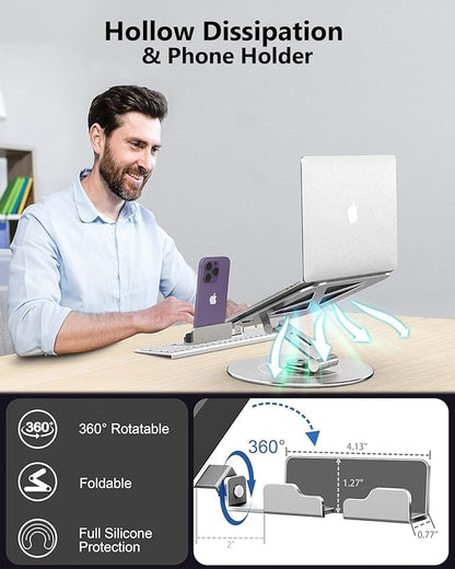 Adjustable 10-17.3" Laptop Stand for Desk with 360 Swivel Larger Base & Rotating Phone Holder, Aluminum Computer Stand for Laptops, Ergonomic Laptop Riser Fits MacBook, HP, Dell, All Laptops