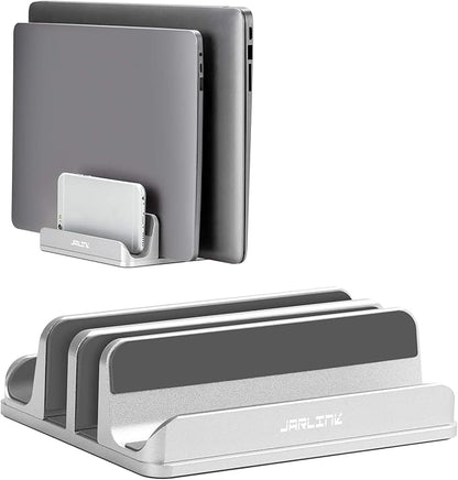 JARLINK 4-in-1 Adjustable Vertical Laptop Stand Holder, Aluminum Dual Slots Laptop Rack for Desk, Space-Saving Organizer Compatible with All MacBook, Surface, Chromebook, and Gaming Laptops (Silver)
